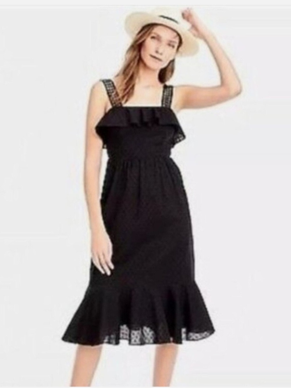 J Crew Black Ruffle Swiss Dot Sleeveless Midi Dress 12 Cotton Casual Vacation